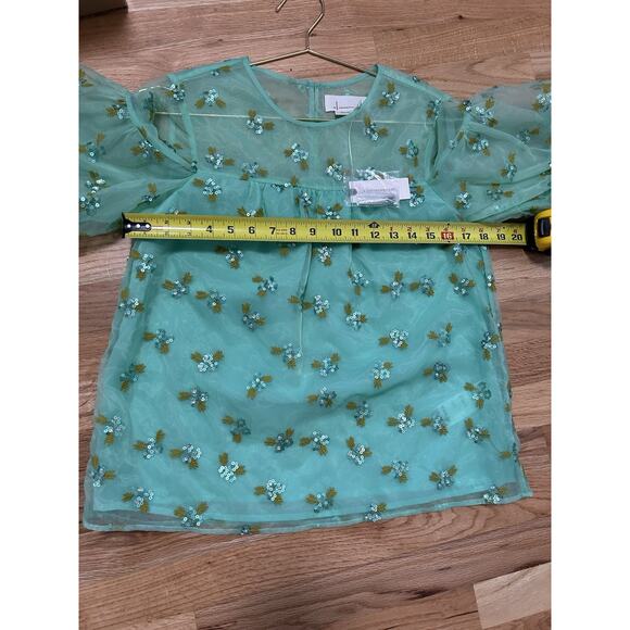 NWT ANthropologie Organza Beaded Top Sabine Green Embroidery Crop Sz 2 Puff - Picture 8 of 11
